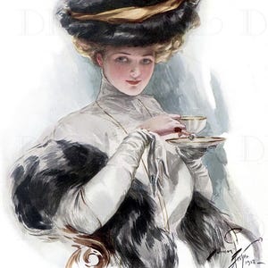 Harrison Fisher Lady with Tea: Vintage Edwardian Illustration (Digital Download)