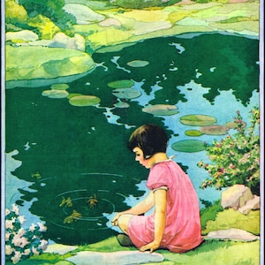 Vintage Garden Illustration: Girl at Pond Art Print (Digital Download)
