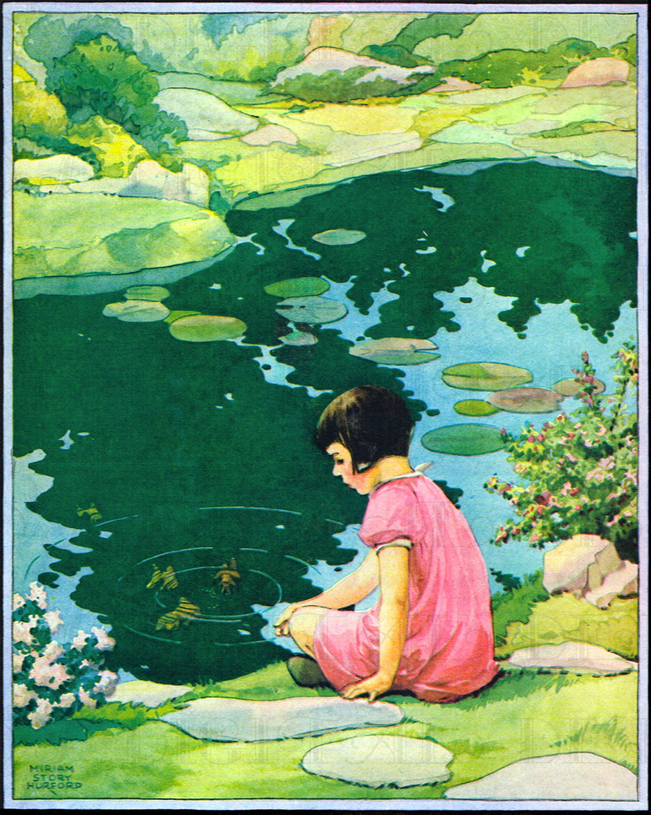 Vintage Garden Illustration: Girl at Pond Art Print (Digital Download)