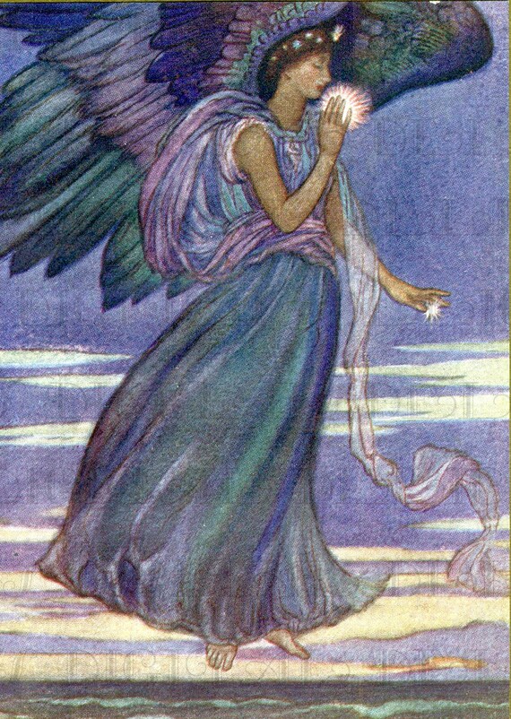 ASTONISHING Purple ANGEL Vintage Art Nouveau Angel Illustration