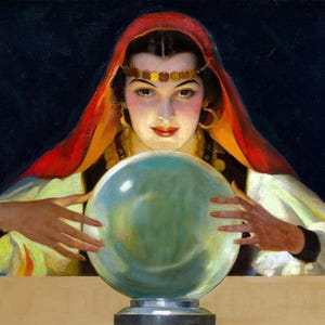 Misteriosa zingara Art Déco con sfera di cristallo! Illustrazione digitale vintage. Immagine digitale stampabile da scaricare. Stampa digitale di cartomante.
