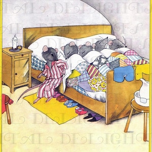 Tous sur une rangée, dormant.  Adorable illustration VINTAGE de livre de contes. Téléchargement numérique de livre vintage. Impression de petites souris.
