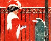 Vintage Christmas Digital Illustration: Edwardian Woman Mailing Card (Digital Download)