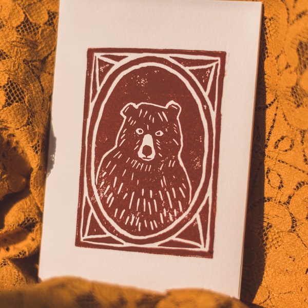Single Greeting Card - Bear | Blank Card Birthday Wedding Congratulations Thinking of You Card Block Print Linocut Handmade