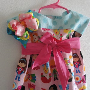 Colorful Super Kids Dress with Sash and m2m matching Hair Bow....Hot Pink, Aqua Polka Dots, Sizes 6, 12, 18 months, 2T, 3T, 4T, 5, 6, 7, 8 image 2