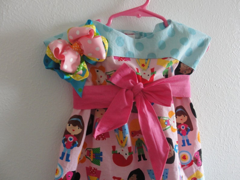 Colorful Super Kids Dress with Sash and m2m matching Hair Bow....Hot Pink, Aqua Polka Dots, Sizes 6, 12, 18 months, 2T, 3T, 4T, 5, 6, 7, 8 image 2