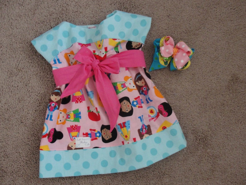 Colorful Super Kids Dress with Sash and m2m matching Hair Bow....Hot Pink, Aqua Polka Dots, Sizes 6, 12, 18 months, 2T, 3T, 4T, 5, 6, 7, 8 image 1