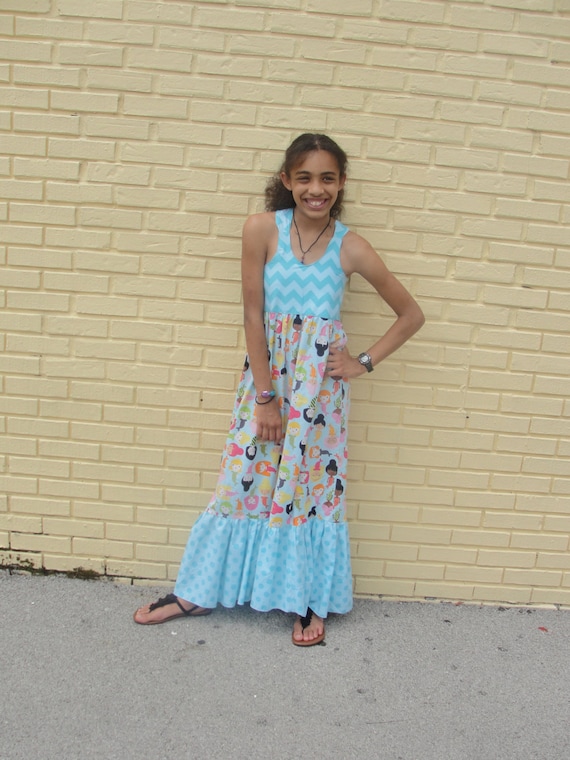 Perfect Poppy Mermaid Maxi Dress...Aqua Chevron and Dots