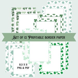 St Pattys Border Paper Printable 12 Pack PNG & PDF Clover Designs 8.5x11 Saint Patricks Day Green Leaf Shamrocks Classroom Irish Patterns