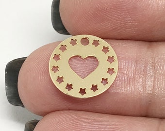 Gold filled Circle Heart pendant , 5 15 50 100 pcs 30%Off , Gold Love Charm , Circle Heart penent , Gold Heart Charm , Gold fill Round Disk