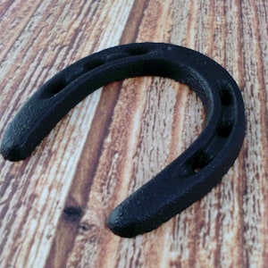 May include: A black metal horseshoe with a rustic finish. The horseshoe is a traditional symbol of good luck.