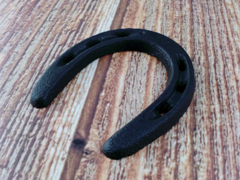 May include: A black metal horseshoe with a rustic finish. The horseshoe is a traditional symbol of good luck.