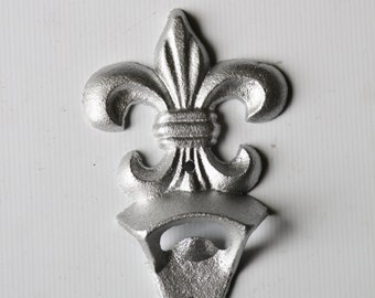 Metallic Silver Fleur De Lis Cast Iron Bottle Opener, Wall Mounted