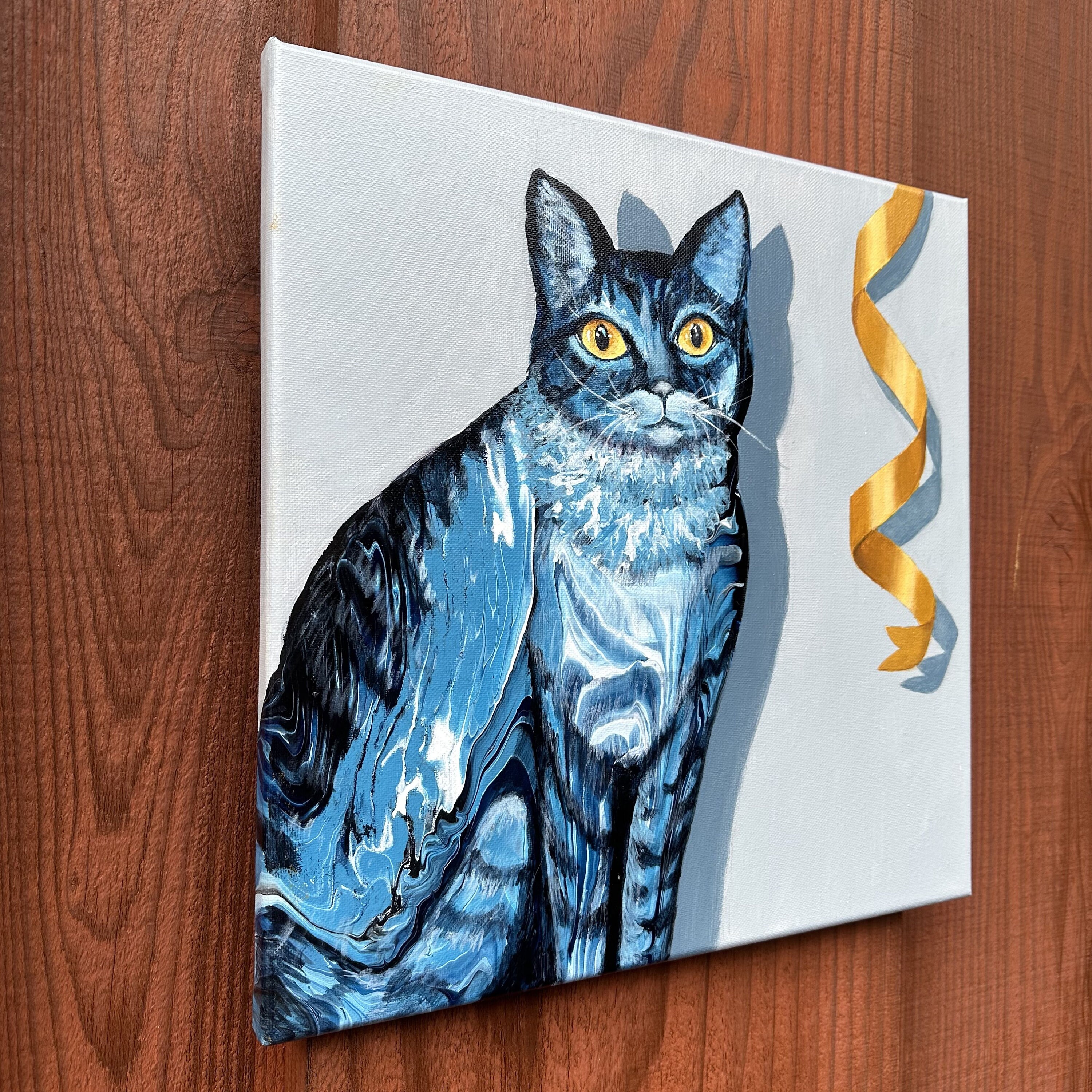 Blue Cat Painting Original Fluid Acrylics Funny Cat Portrait pic