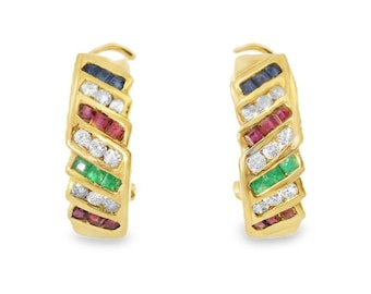 14K Pink Rose Gold Diamond Emerald Sapphire Ruby Earrings