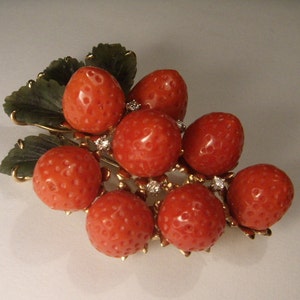 Rare 14K Gold Designer Carved Undyed Red Coral Strawberry Diamond Brooch Pendant