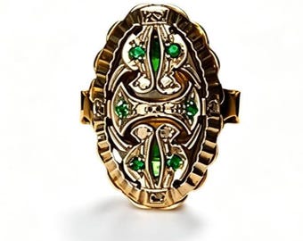 14K Yellow Gold Emerald Diamond Filigree Antique Victorian Ring