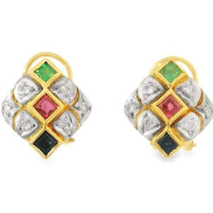 Gorgeous Estate 18K Yellow Gold Ruby Emerald Sapphire Diamond Earrings