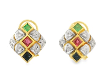 18K Yellow Gold Ruby Emerald Sapphire Diamond Earrings