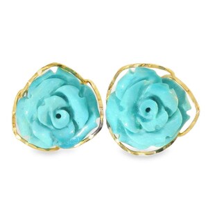 18K Yellow Gold Turquoise Floral Flower Carved Earrings image 1