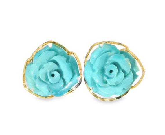 18K Yellow Gold Turquoise Floral Flower Carved Earrings