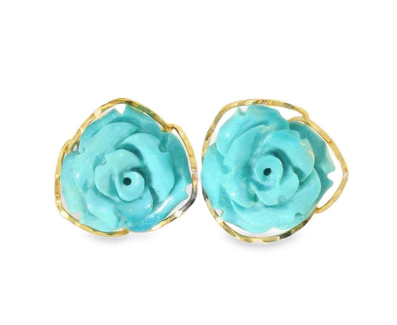 18K Yellow Gold Turquoise Floral Flower Carved Earrings image 1