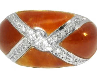 Beautiful Estate 14K Yellow Gold Designer Red Carnelian X Diamond Band Ring