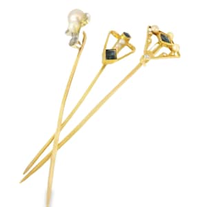 14K Yellow White Gold Sapphire Diamond Seed Pearl Stick Victorian Pin Set image 1