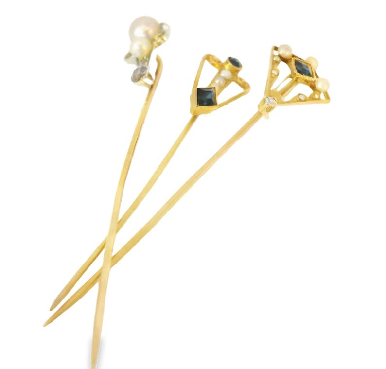 14K Yellow White Gold Sapphire Diamond Seed Pearl Stick Victorian Pin Set image 1