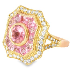 14K roséguld Art Deco-ring: Rosa turmalin, safir, diamant bild 3