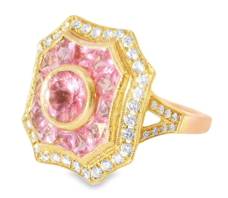 14K roséguld Art Deco-ring: Rosa turmalin, safir, diamant bild 3