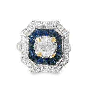 Magnificent Art Deco 18K White Gold Sapphire Solitaire Diamond Engagement Ring