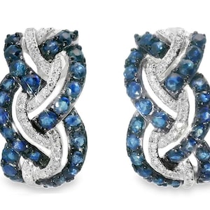 Beautiful 14K White Gold Diamond Sapphire Huggie Braided Earrings