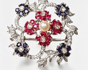 18K White Gold Diamond Ruby Sapphire Antique Victorian Seed Pearl Brooch Pin