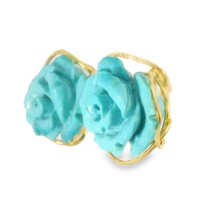 18K Yellow Gold Turquoise Floral Flower Carved Earrings image 4