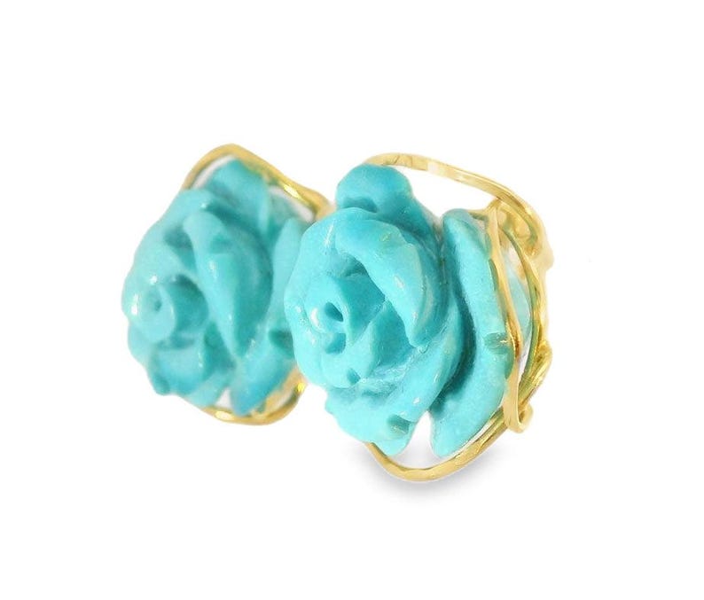 18K Yellow Gold Turquoise Floral Flower Carved Earrings image 4