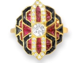 18K Yellow Gold Diamond Art Deco Hand Cut Ruby Onyx Ring Band
