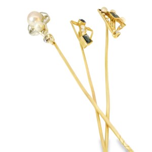 14K Yellow White Gold Sapphire Diamond Seed Pearl Stick Victorian Pin Set image 3