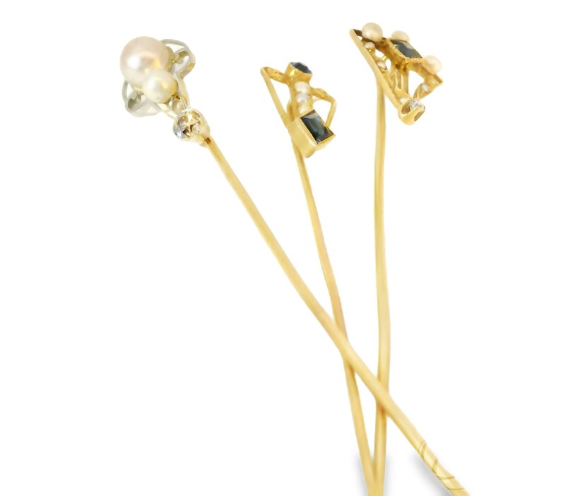 14K Yellow White Gold Sapphire Diamond Seed Pearl Stick Victorian Pin Set image 3