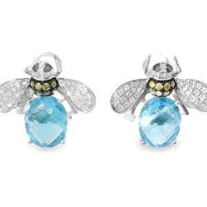 Wunderschöne 14K Weißgold Blautopas Hummel Diamant Ohrringe