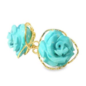18K Yellow Gold Turquoise Floral Flower Carved Earrings image 2