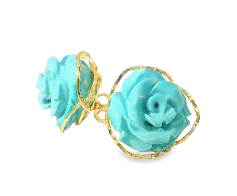 18K Yellow Gold Turquoise Floral Flower Carved Earrings image 2