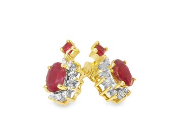 14K Yellow Gold Diamond Ruby Filigree Estate Earrings