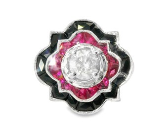 18K White Gold Handmade Art Deco Onyx Ruby Diamond Engagement Ring