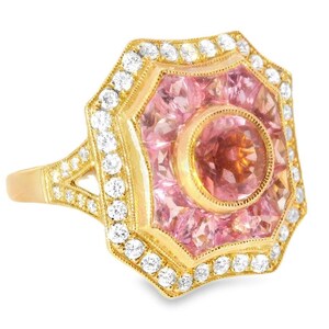 14K roséguld Art Deco-ring: Rosa turmalin, safir, diamant bild 2