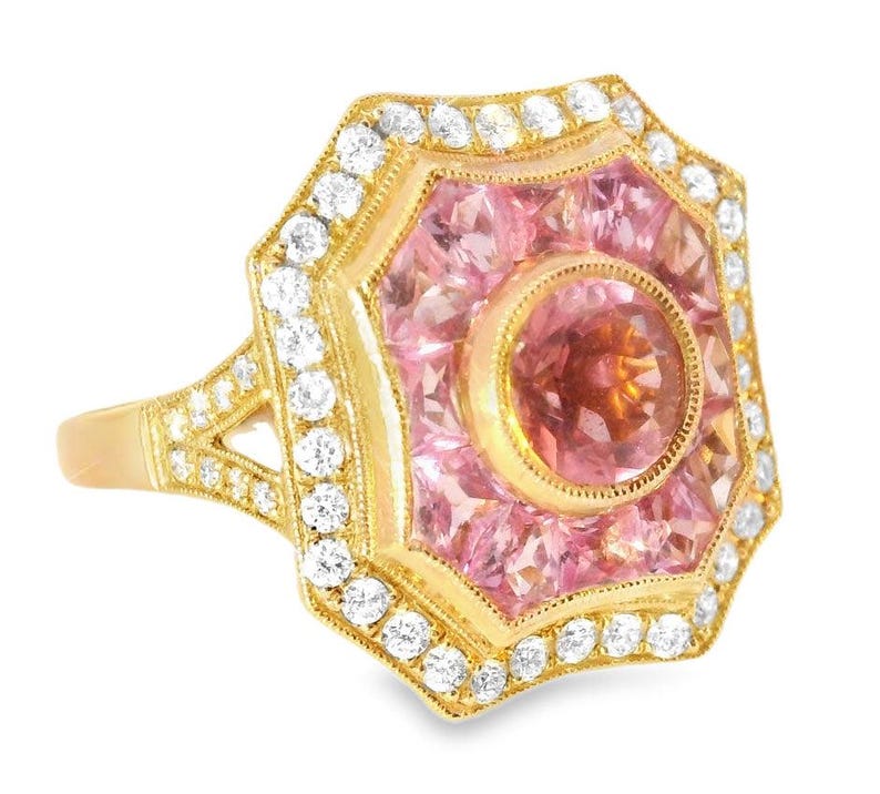 14K roséguld Art Deco-ring: Rosa turmalin, safir, diamant bild 2