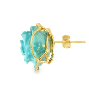 18K Yellow Gold Turquoise Floral Flower Carved Earrings image 3