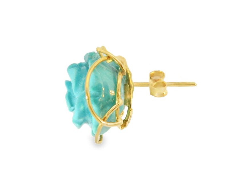 18K Yellow Gold Turquoise Floral Flower Carved Earrings image 3