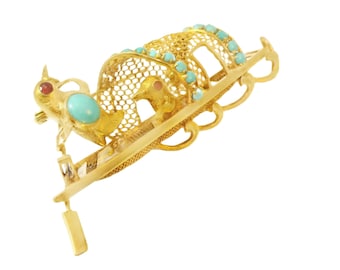 14K Yellow Gold Ruby Turquoise Lovebirds Boat Brooch Pin