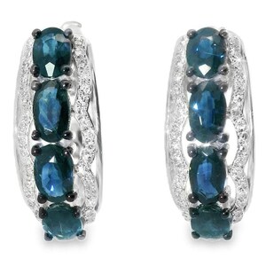 Beautiful 14K White Gold Diamond Sapphire Huggie Earrings